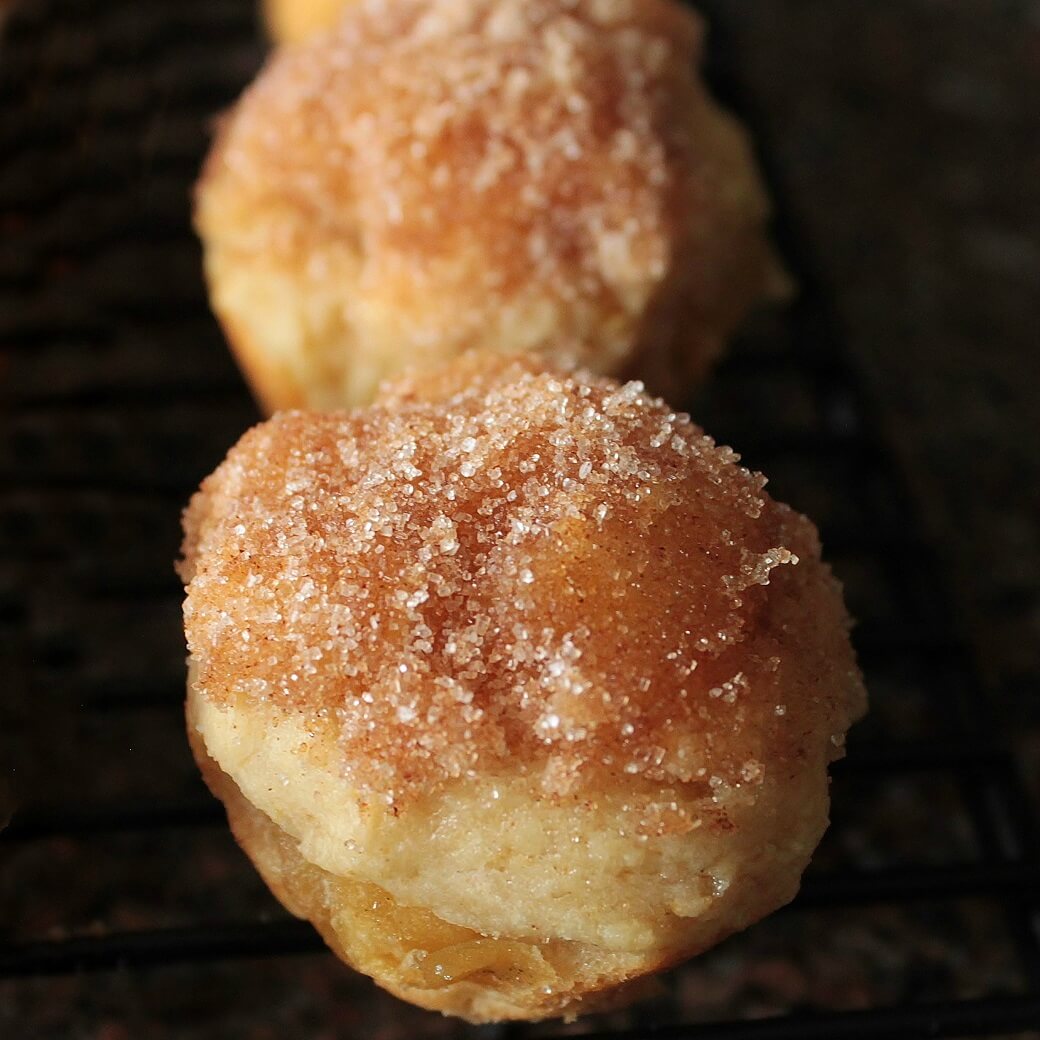 Apple Fritter Bites - Dish 'n' the Kitchen Golden baked apple fritters with chunks of apple sit on a black cooking rack.