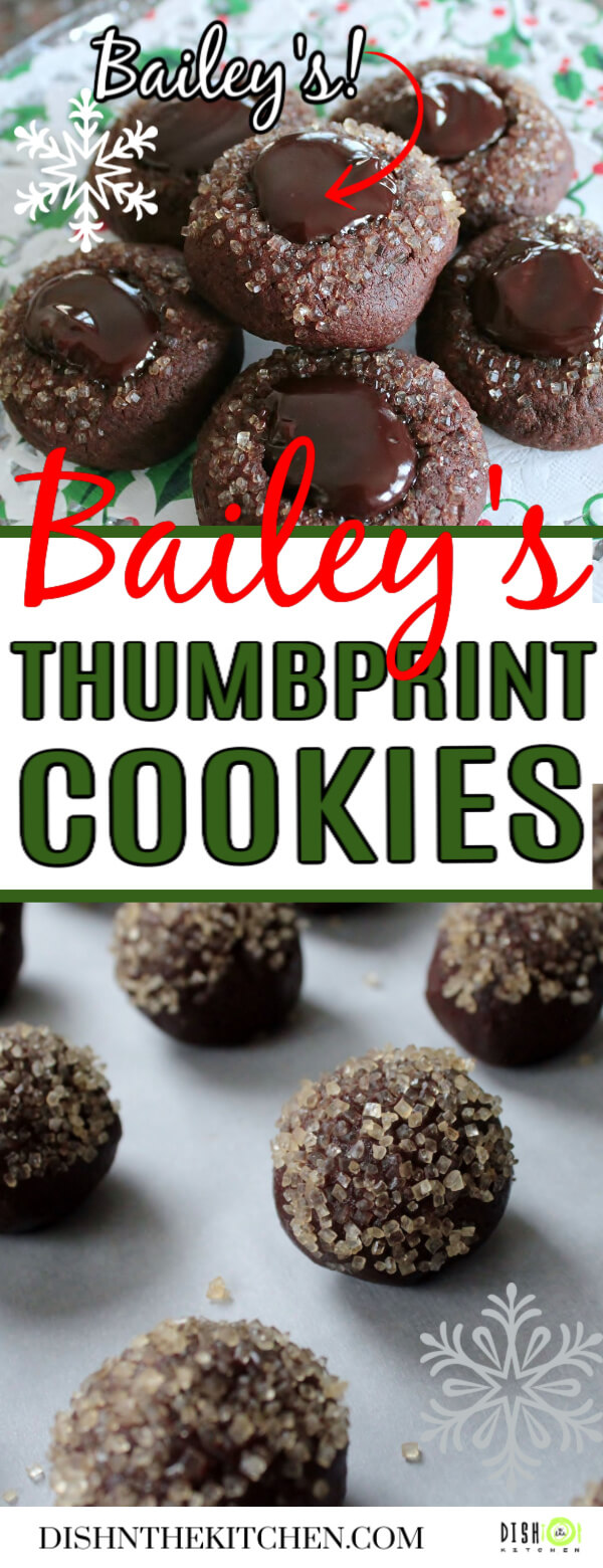 Bailey's Thumbprint Cookies Pinterest image of a plate full of dark chocolate cookies topped with crystal sugar and chocolate ganache.