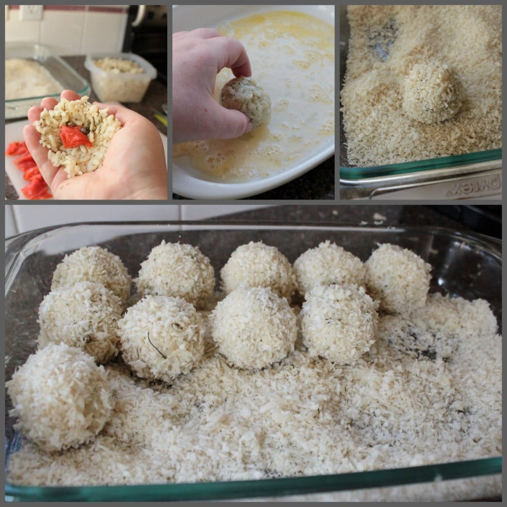 Smoked Salmon Arancini process shots showing how to stuff and bread the risotto ball. 