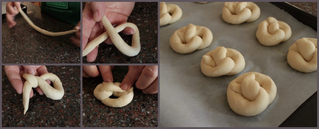 A collage of photos showing how to shape soft pretzels.