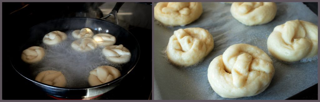 Two photos showing how to boil soft pretzels.