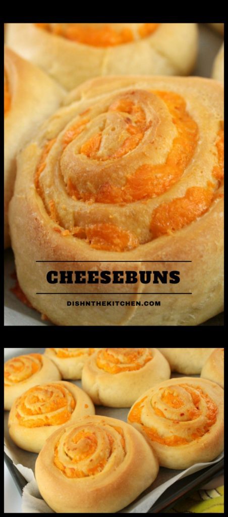 Cheesebuns - Pinterest image close up of a round scrolled bun filled with cheddar cheese. 