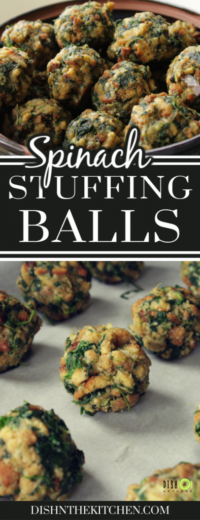 Spinach Balls - A bowl full of baked stuffing balls dotted with spinach.