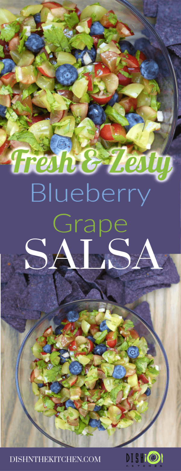 A bowl full of salsa made from chopped green and red grapes with blueberries and cilantro. 