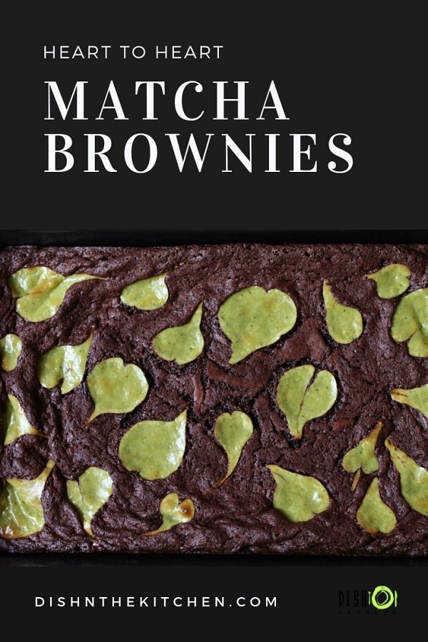 Pinterest image featuring a tray of brownies topped with green hearts.
