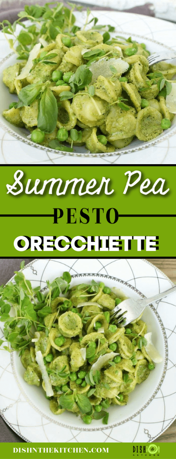 A pin image with two photos of a bright green pea and pesto pasta dish. 