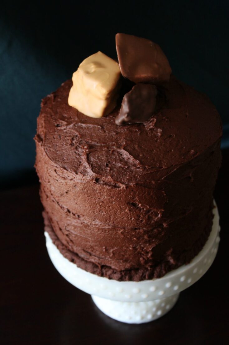 A tall three layer chocolate carrot cake covered in chocolate frosting on a white cake stand.
