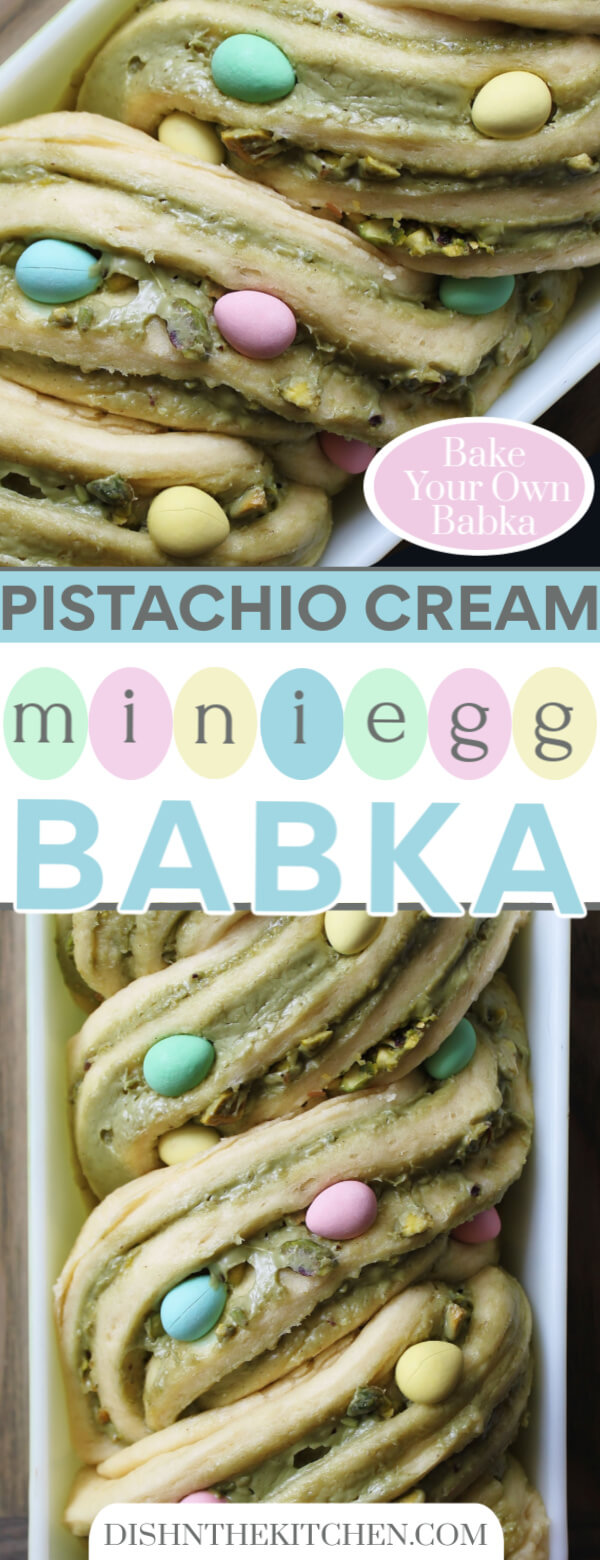 Pistachio Cream Mini Egg Babka - pinterest close up images of layered babka studded with mini eggs.