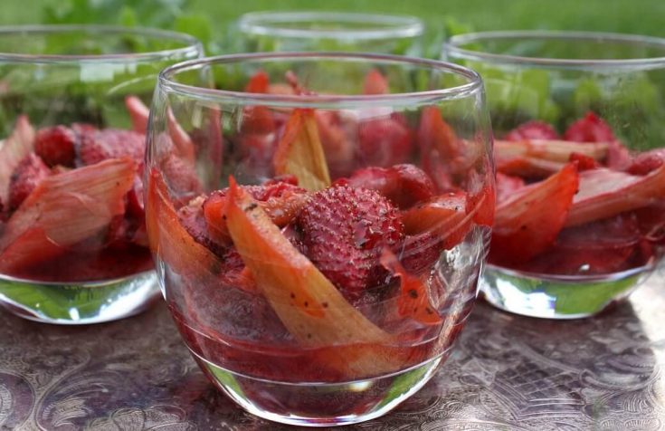 Roasted Strawberries and Rhubarb Dessert in a glass.
