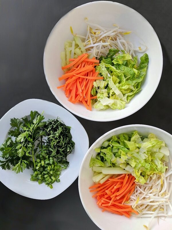 Three white bowls filled with fresh toppings for Vietnamese noodle salad. Fresh herbs, carrots, lettuce, and bean sprouts. 