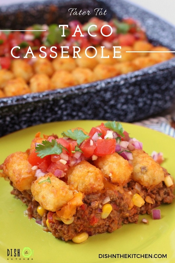 Pinterest image of a golden topped baked tater tot taco casserole.