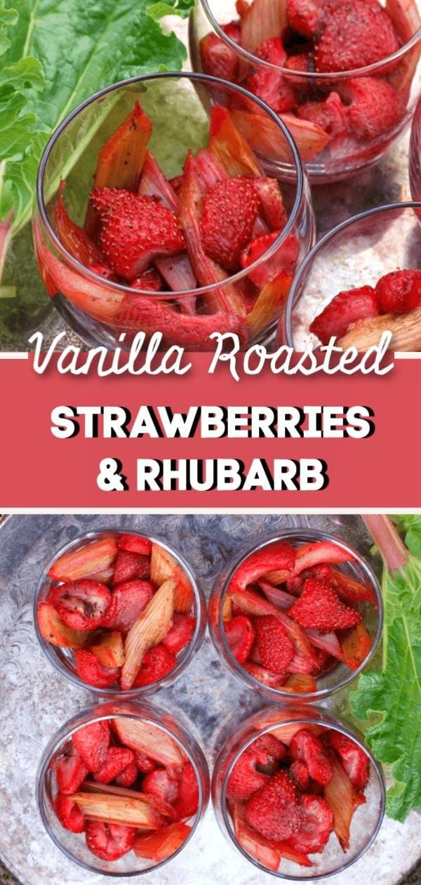Pinterest image of strawberry and Rhubarb Dessert in glasses on a silver tray.