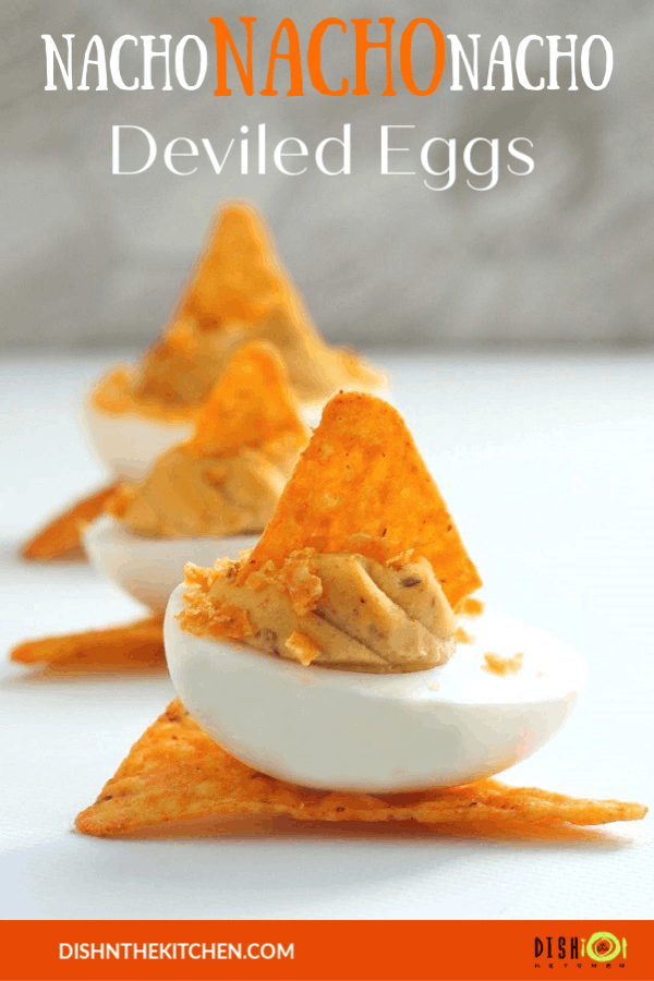 Nacho Deviled Eggs topped with Dorito crumbs pin image.