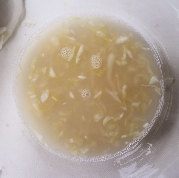 A bowl containing some cloudy brine. 