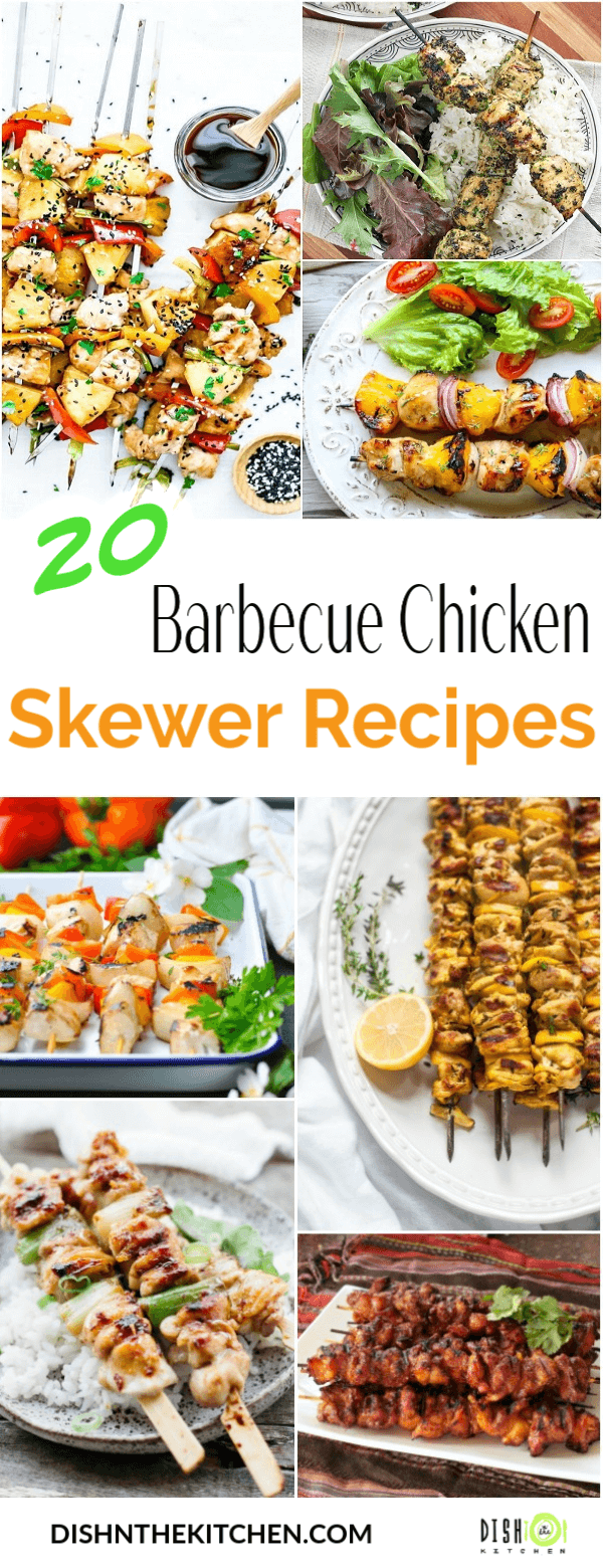 Pin image with a compilation of photographs featuring chicken on a skewer. 