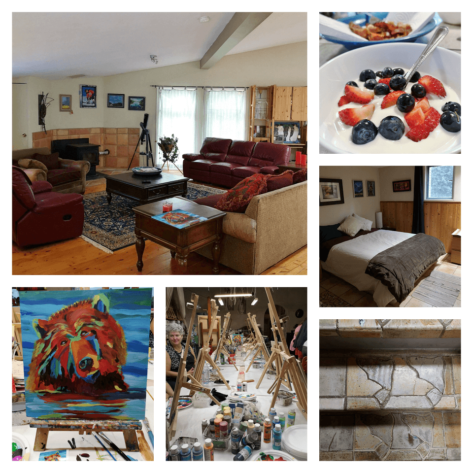 Collage featuring various scenes from Red Roof Studio BnB in Brooks Alberta. 