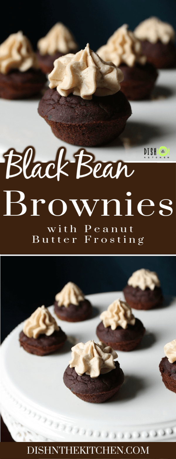 Pinterest image of two bite black bean brownies decorated with peanut butter frosting. 