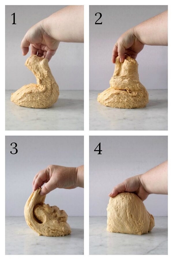 Pumpkin No Knead Bread -A series of four process photos showing how to stretch bread dough.