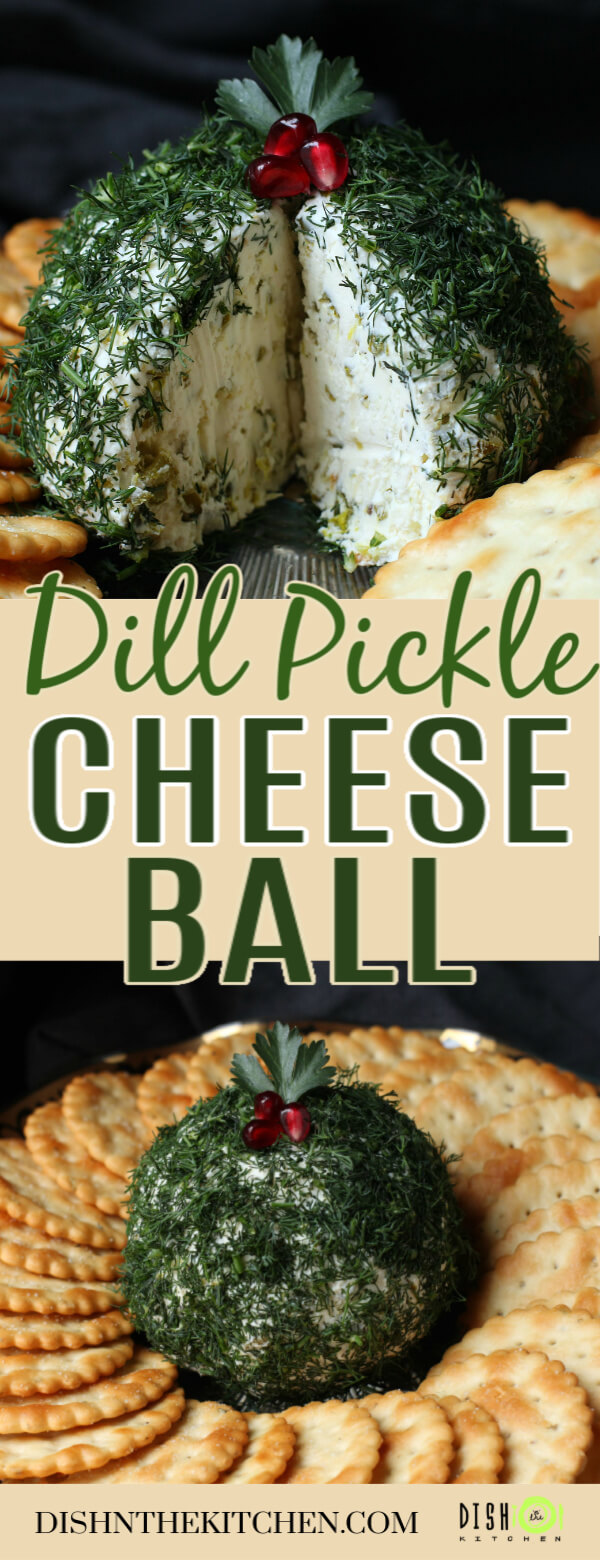 Pin image Dill Pickle Cheese ball - A cheese ball covered in fresh chopped dill with a slice missing sits in the middle of a circle of crackers.