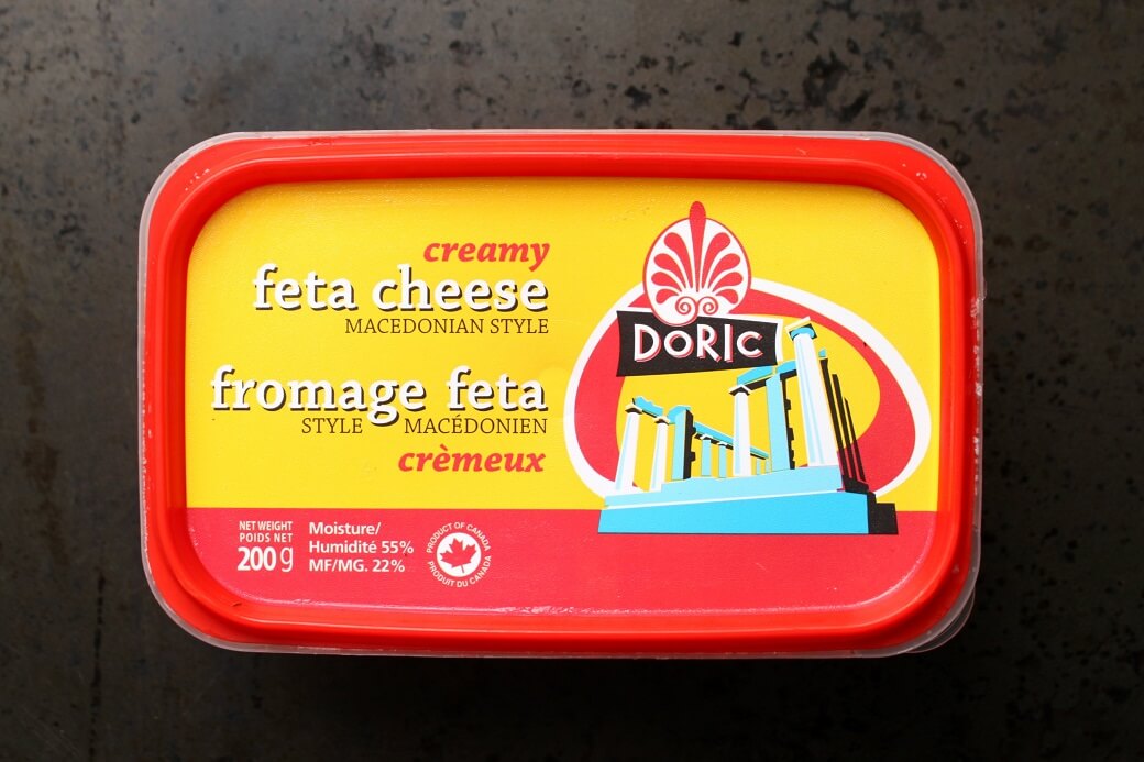 A container of Macedonian Feta Cheese.