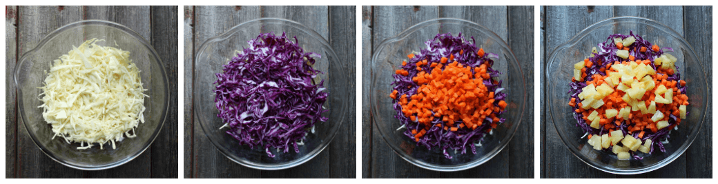 A series of photos showing the ingredients of Tropical Coconut Coleslaw.
