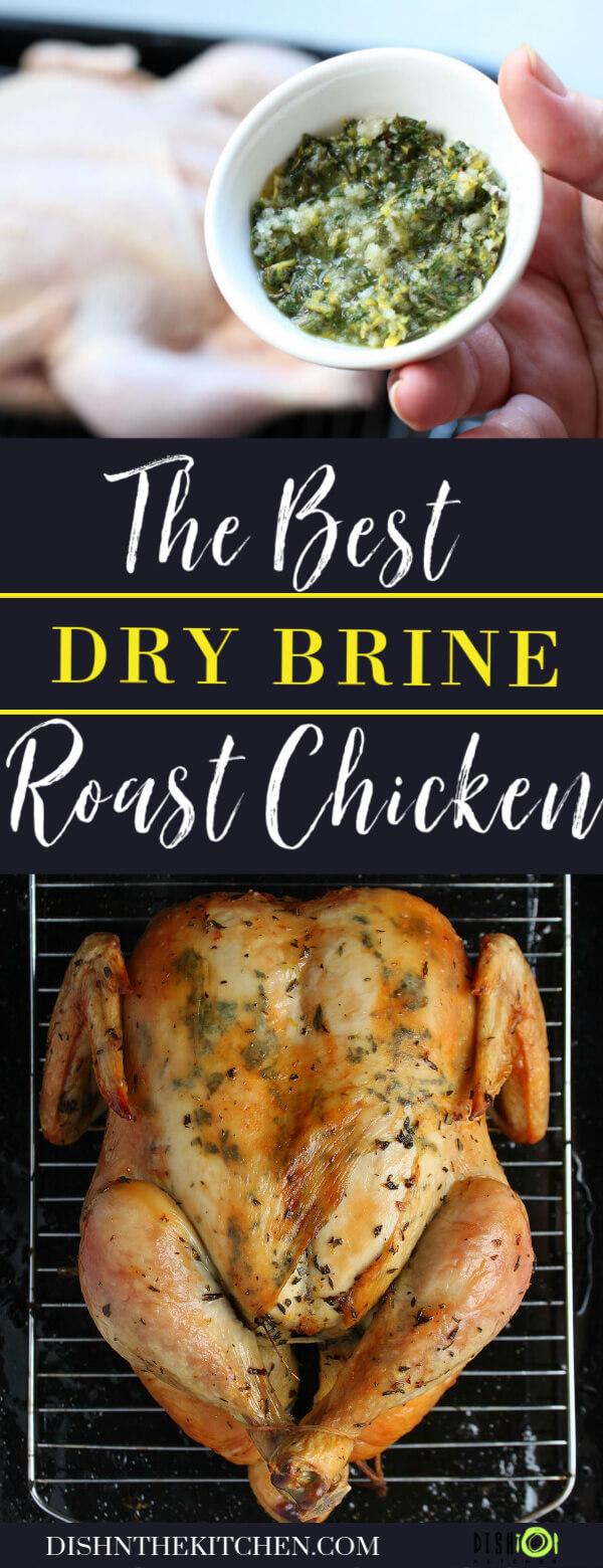 Dry Brine Chicken - Pinterest image of a perfectly browned and roasted whole chicken sitting inside a roasting pan.