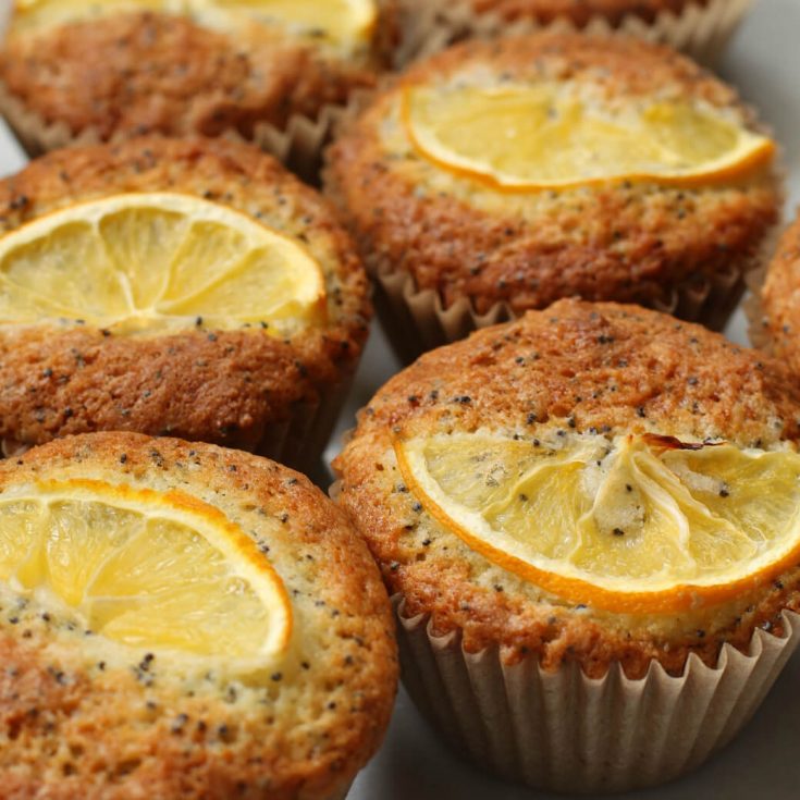 Close up of Lemon Poppy Seed Muffins topped with lemon slices.