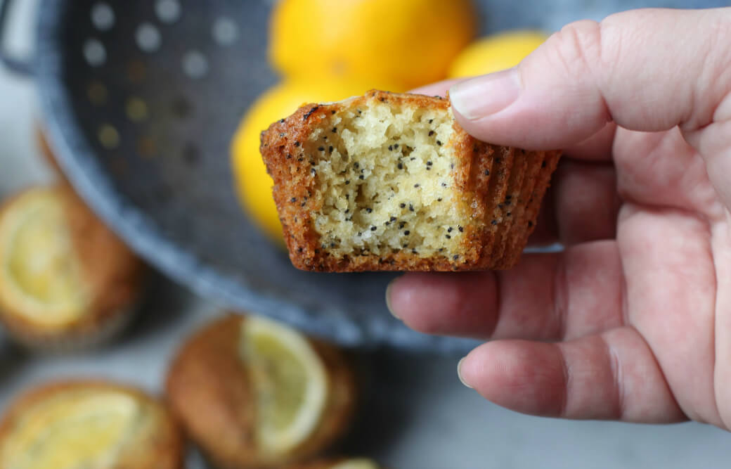 Close up of a Meyer Lemon Poppy Seed Muffin with a bite missing.