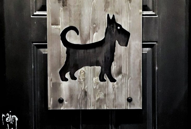 Rain Dog Bar - A black door with a dog shaped cut out.