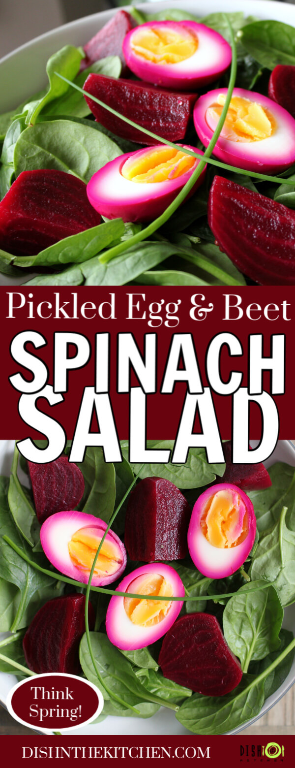 Pickled Egg and Beet Spinach Spring Salad - Dark red beets and bright pink stained eggs sit on top of a bed of green spinach.