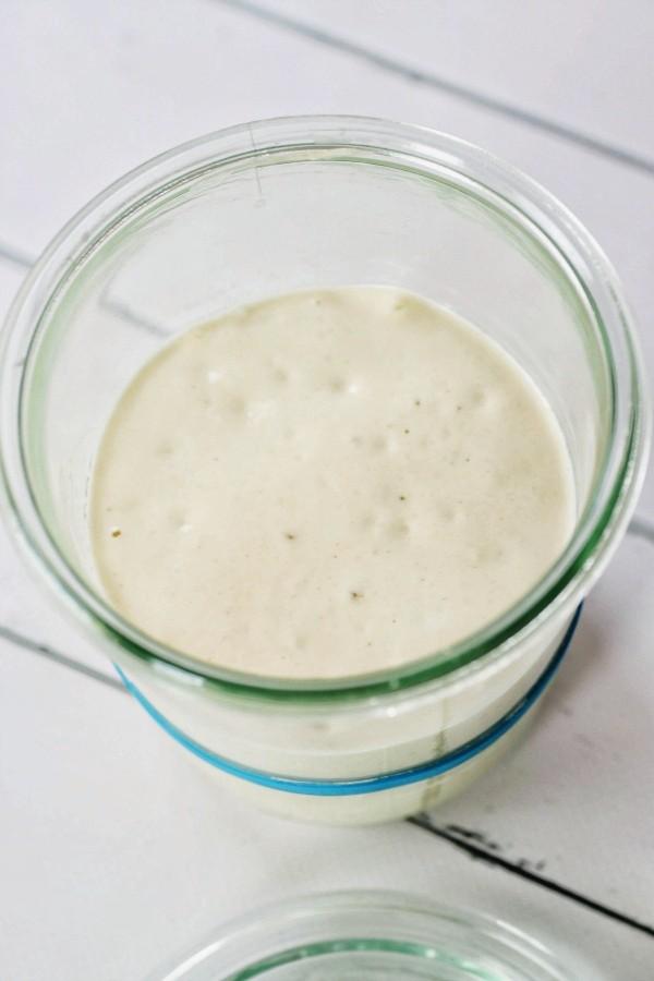 How to Make Sourdough Starter - close up of sourdough starter showing bubbles.