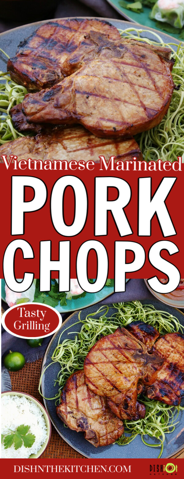 Pinterest image of Grilled Vietnamese Pork Chops on a platter.