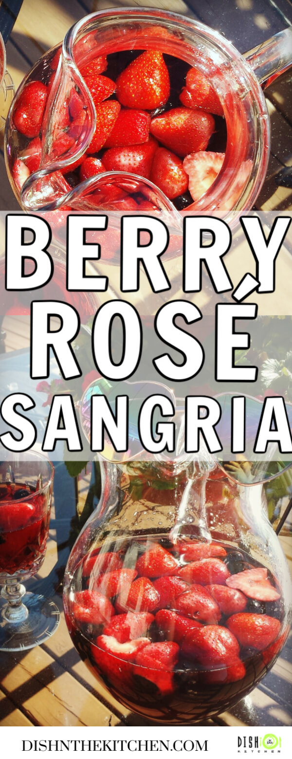 Pinterest image of a deep red Sangria with berries. 