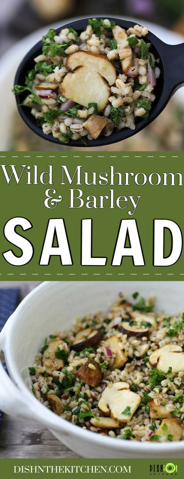Pinterest image for Mushroom Barley Salad Recipe showing a white bowl filled with barley, fresh herbs, mushrooms, and red onions.  