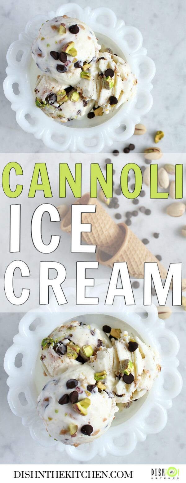 Pinterest image of a white dish holding three scoops of ice cream dotted with chocolate chips and pistachios. 