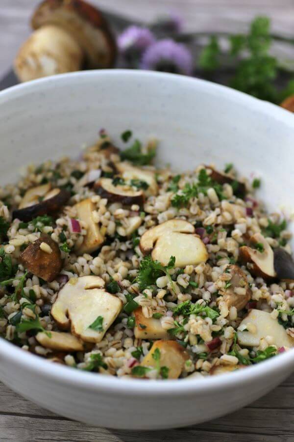Mushroom Barley Salad Recipe -A white bowl filled with barley, fresh herbs, and porcini mushrooms.