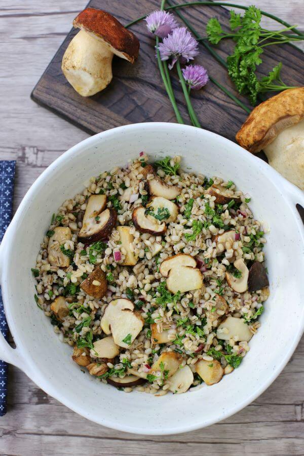 A white bowl filled with barley, fresh herbs, and porcini mushrooms.