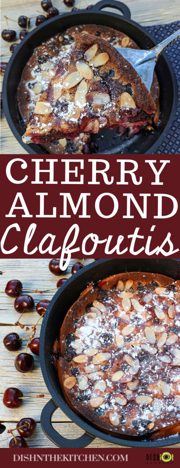 A pinterest image of a silver cake server holding a piece of cherry clafoutis topped with powdered sugar and almonds above a pan of the same clafoutis.