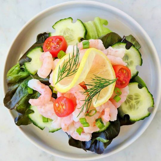 Open faced shrimp sandwich piled high with lettuce, cucumbers, cherry tomatoes, shrimp, lemon, and dill.
