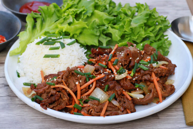 A white plate filled with caramelized beef, rice and green lettuce.