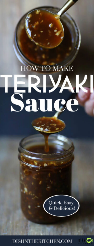 Pinterest images of a spoon holding brown Honey Teriyaki Sauce containing chunks of garlic and ginger over a jar of the same sauce.