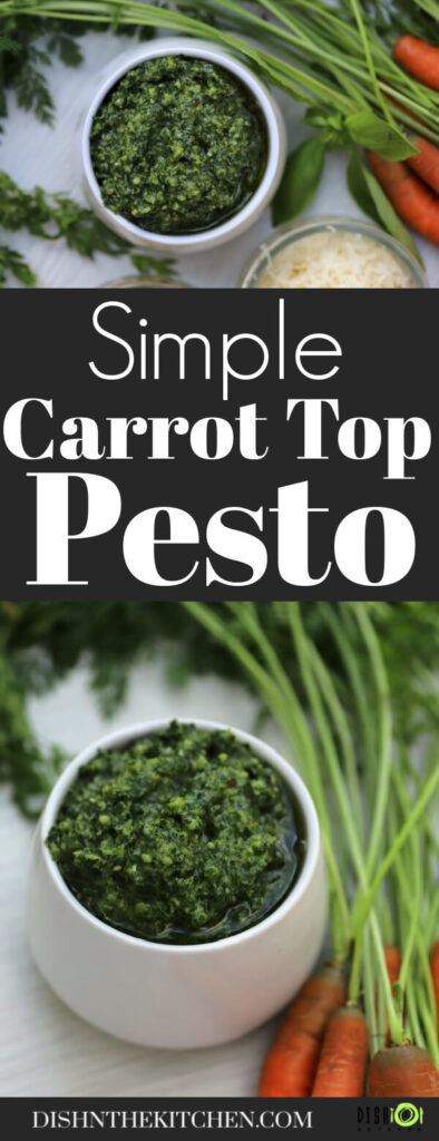 Pinterest image featuring green pesto in white bowl surrounded by whole carrots and ingredients.