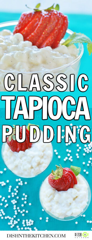 Pinterest image of glass bowls filled with creamy tapioca pudding topped with sliced strawberries.