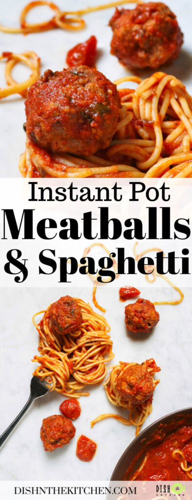 Pinterest image of a group of saucy meatballs and coiled spaghetti on a white marble background.