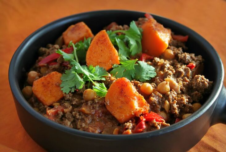 A black bowl filled with ground bison chili, peppers, chick peas, and large orange sweet potato bites.