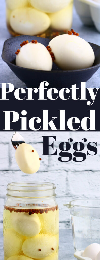Pinterest image featuring peeled hard boiled pickled eggs in a bowl and on a fork. 