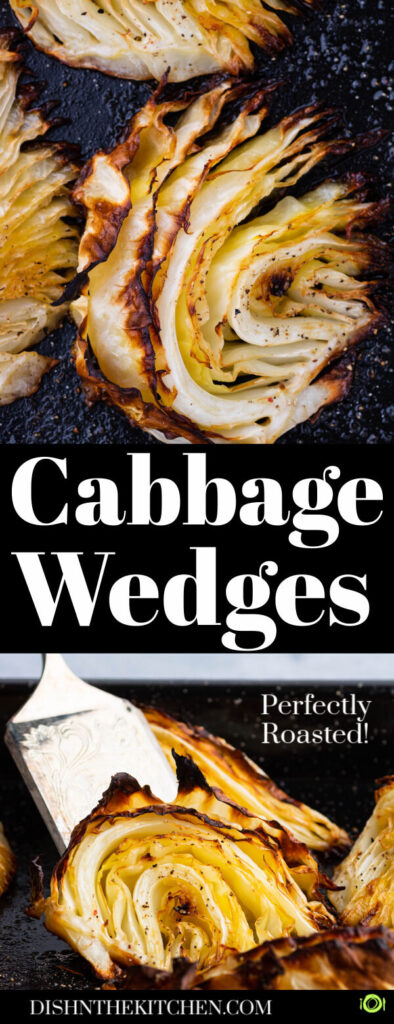 Pinterest image of perfectly roasted cabbage wedges in a dark roasting pan.