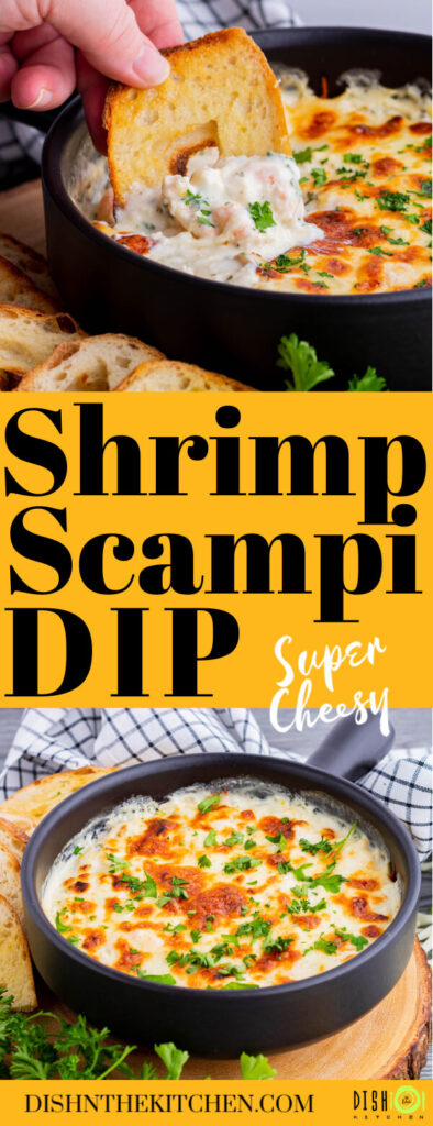 Pinterest image of a golden cheesy baked shrimp scampi dip.