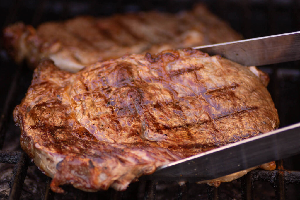 A perfectly grilled ribeye steak.