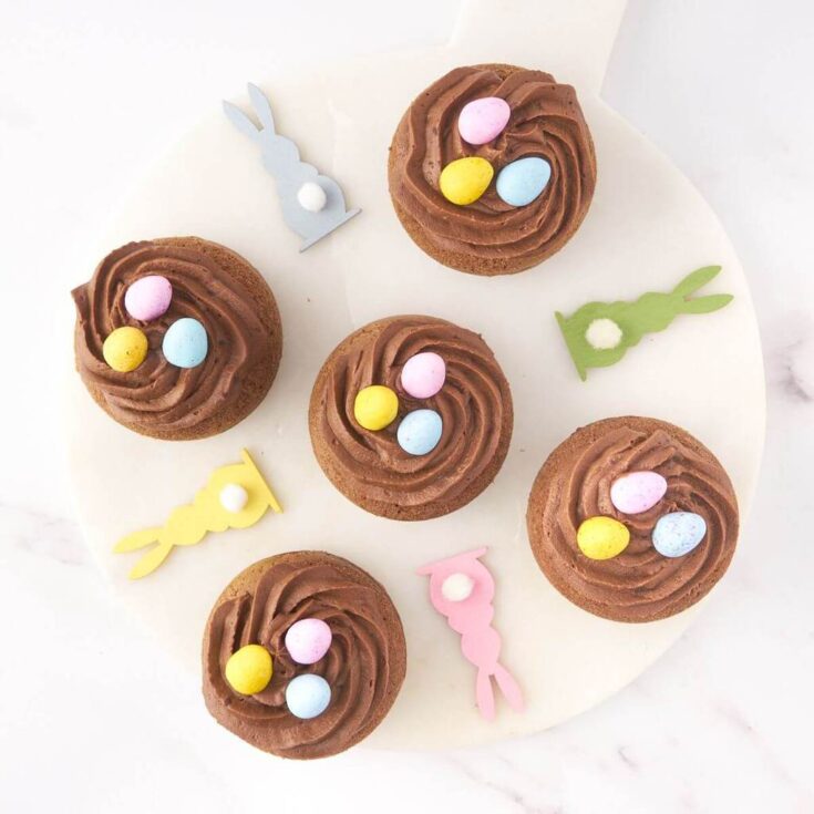 Five Easter Nest Chocolate Baked Donuts on a white plate decorated with pastel bunnies.